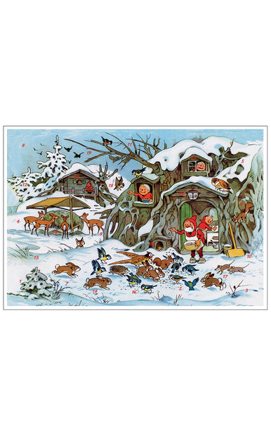 Illustration of a snowy village scene with Santa Claus and Mrs. Claus feeding woodland animals.