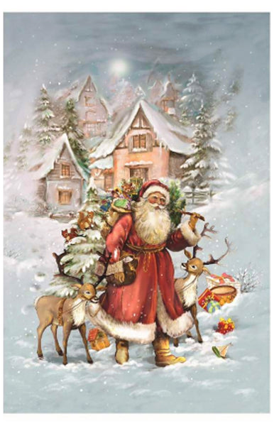 Santa Claus with reindeer in a snowy village scene