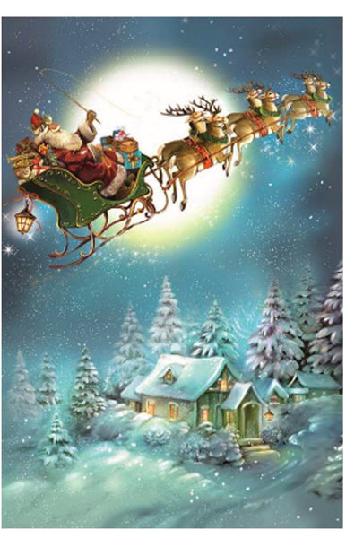 Santa Claus in his sleigh with reindeer flying over a snowy village at night.