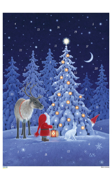 Advent calendar with a winter scene featuring a tree, reindeer, and Santa with a lantern.