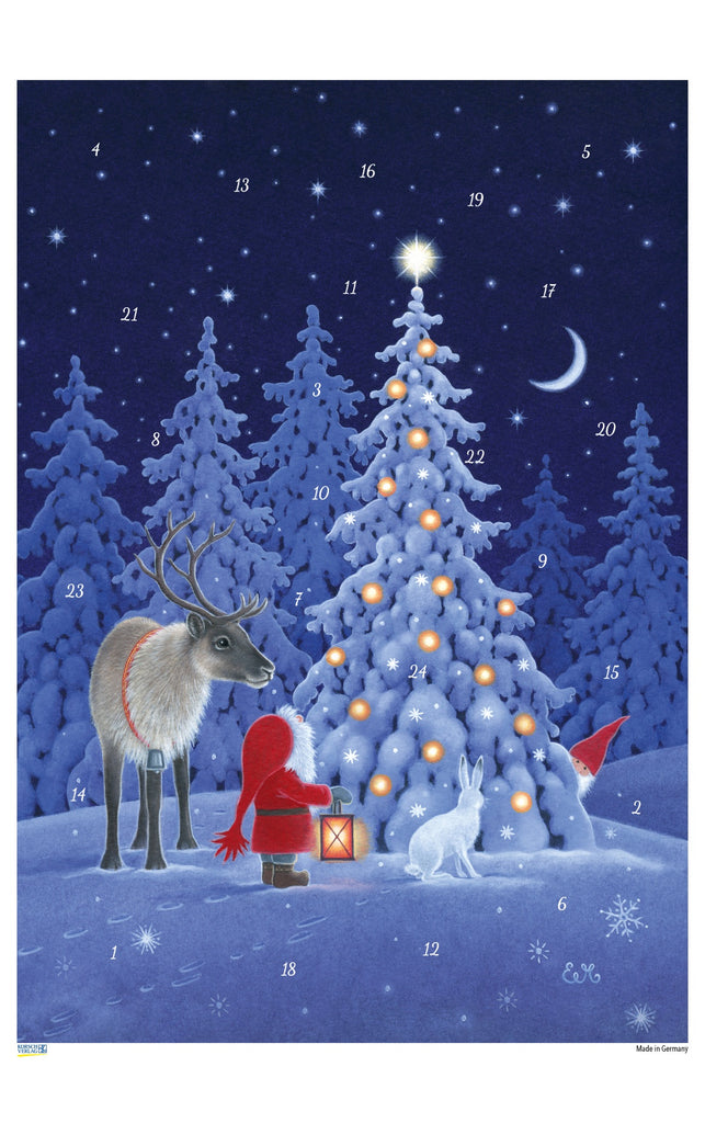 Advent calendar with a winter scene featuring a tree, reindeer, and Santa with a lantern.