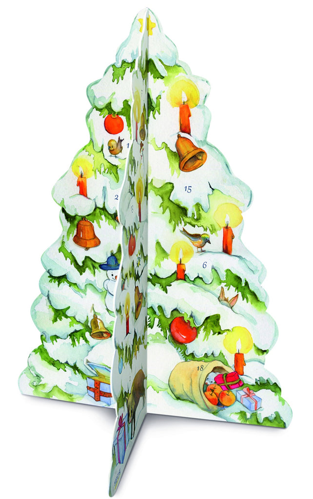 Christmas tree-shaped Advent calendar with colorful illustrations on a white background