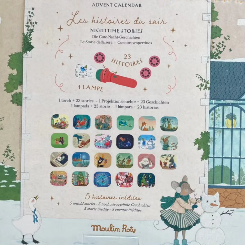 Advent calendar with illustrations of a mouse, snowman, and various scenes, featuring the brand 'Moulin Roty'.